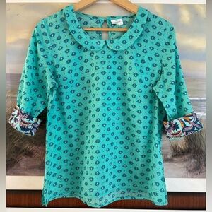 Handprint Lotus Pattern Peter Pan Color Voila Cotton Top Blouse